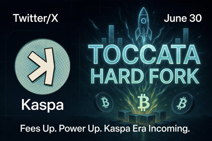 The image features a poster for Bitcoin mining company Kaspa Tocata Hard Fork. The poster has a blue background with white text, which reads "Kaspa Tocata Hard Fork" at the top. Below this, there is an illustration of a rocket and some Bitcoins floating in space. The poster also includes information about the benefits of using Bitcoin for mining, stating that it can be used to mine Bitcoins for free or at a low cost.