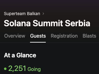 A mobile screenshot of the Solana Summit Serbia event page showing 'Superteam Balkan' header, navigation tabs (Overview, Guests, Registration, Blasts), and 'At a Glance' section with '2,251 Going'.