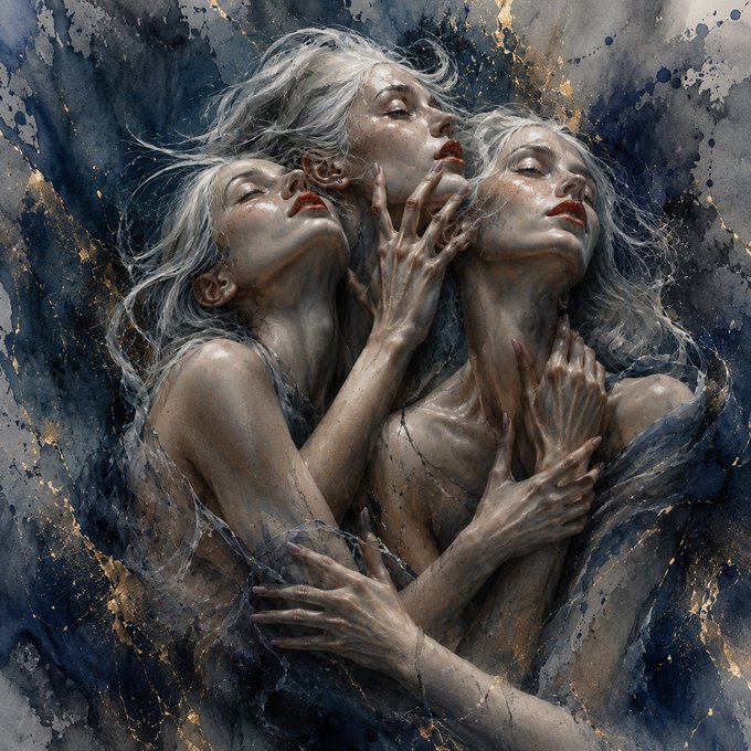Three pale, silver-haired figures with closed eyes embrace in an emotionally charged, watercolor-style portrait rendered in deep blues and gold accents. The artwork titled "when one look is never enough" by @marya_art_ captures intimate connection through intertwined hands and unified expressions, fitting its "Double Take" theme for the @snailevent collection.