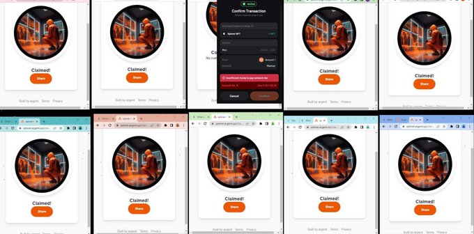 A collage of screenshots showing the "Claimed!" confirmation page for $STRK tokens on Starknet's airdrop claim portal, with one panel displaying the "Confirm Transaction" interface for claiming 45 tokens at $2 each.