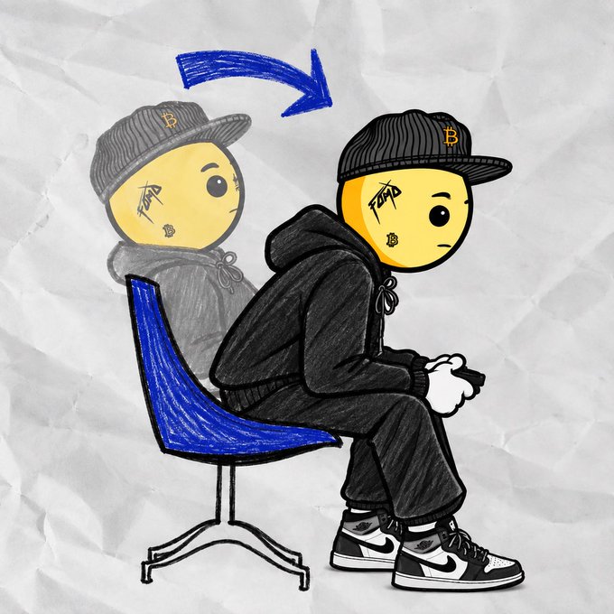 A hand-drawn image shows a hoodie-wearing Bitcoin character sitting on a blue chair, with a faded reflection behind and a blue curved arrow overhead.