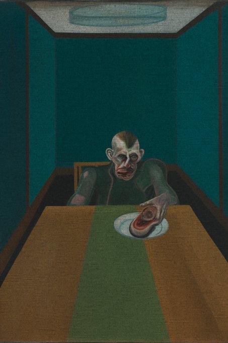 A surrealist painting depicting a gaunt figure sitting at a table in a green-walled room, holding a plate with a piece of meat in an eerie atmosphere.