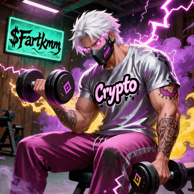 A muscular anime-style character with white hair and a mask lifts heavy dumbbells in a neon-lit gym, wearing a shirt reading "Crypto" with a "$Fartknny" sign glowing in the background. The image celebrates the user's 24k follower milestone with an intense "arm day" theme, matching the post's energetic call to push toward 25k followers.