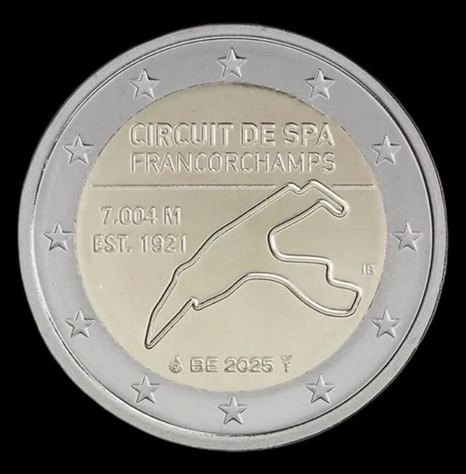 A close-up of a 2 Euro commemorative coin featuring the layout of the 'CIRCUIT DE SPA FRANCORCHAMPS' race track, noting '7.004 M EST. 1921' and 'BE 2025'.