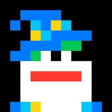 A pixel art image of a character with blue hair, cyan and yellow highlights, and a simple smiling face on a black background.