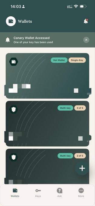 A mobile app screenshot of a 'Wallets' interface showing a notification 'One of your key has been used' for a Canary Wallet Accessed, displaying Hot Wallet, Single-key, and Multi-key wallet options.