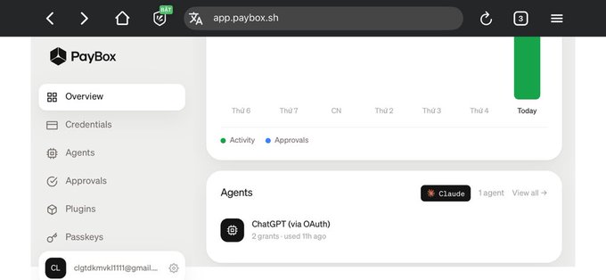 A screenshot of the app.paybox.sh web interface displays an 'Overview' menu on the left and an 'Agents' section listing 'Claude' and 'ChatGPT (via OAuth)'.