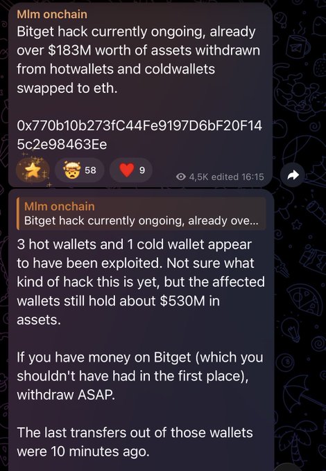 Two Telegram messages from 'Mlm onchain' reporting on the Bitget hack, noting over $183M in assets withdrawn and swapped to ETH, with affected wallets still holding about $530M.