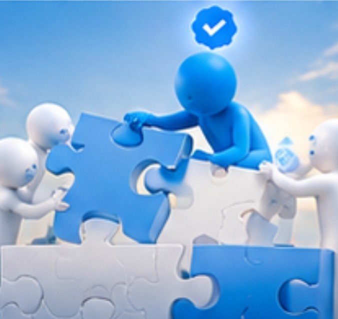 3D illustration of small white and blue humanoid figures working together to assemble blue and white puzzle pieces against a cloudy sky background.