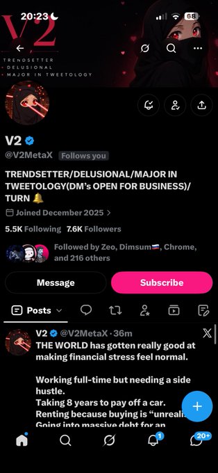 A TikTok/X profile page for V2 (@V2MetaX) showing a dark anime-style avatar and bio reading 'TRENDSETTER/DELUSIONAL/MAJOR IN TWEETOLOGY(DM'S OPEN FOR BUSINESS)/TURN' with a post about financial stress.
