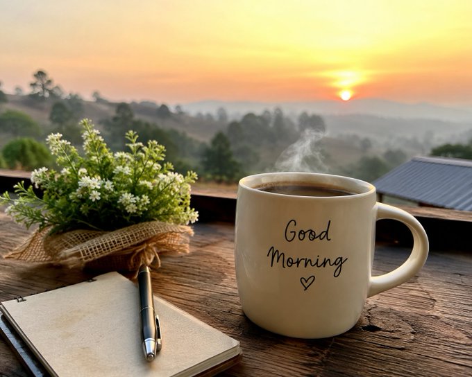 The image features a mug of coffee sitting next to a notebook with a pen inside. The mug has "Good Morning" written on it, suggesting that someone might be enjoying their morning coffee while writing or taking notes. The scene takes place outdoors at sunset, creating a serene and peaceful atmosphere. The presence of the notebook and pen indicates that the person may be working on some creative project or planning for the day ahead. Overall, the image conveys a sense of calmness and productivity during what is typically considered a slow-paced morning routine.