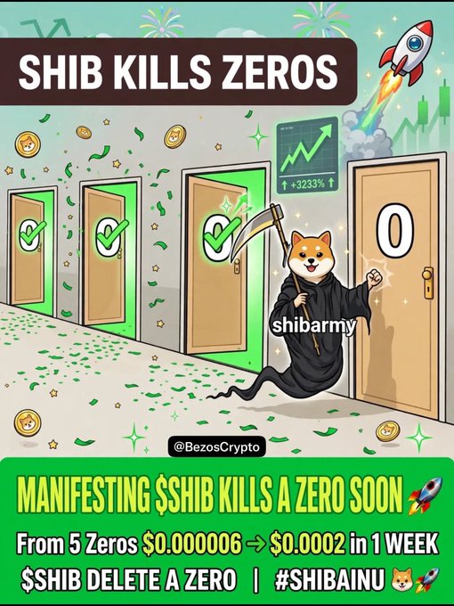 A promotional meme titled 'SHIB KILLS ZEROS' shows a Shiba Inu dog dressed as the Grim Reaper with a scythe, standing before four doors labeled '0', predicting $SHIB will rise from $0.000006 to $0.0002 in one week, attributed to @BezosCrypto.