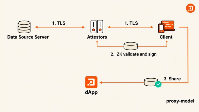 A technical diagram illustrating a proxy-model flow showing TLS connections from a Data Source Server through Attestors to a Client, with ZK validate and sign steps leading to a dApp.
