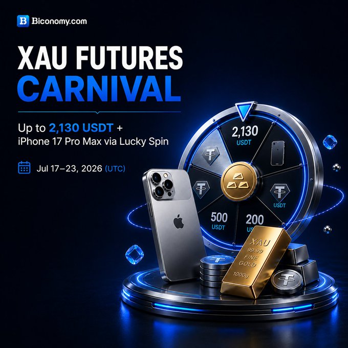 Promotional graphic for Biconomy.com's "XAU Futures Carnival" (Jul 17–23, 2026, UTC), featuring a neon-lit lucky spin wheel displaying USDT prizes (2,130, 500, 200) alongside an iPhone 17 Pro Max, a 1000g XAU gold bar, and USDT token imagery to advertise the trading event where users can win up to 2,130 USDT and an iPhone 17 Pro Max.