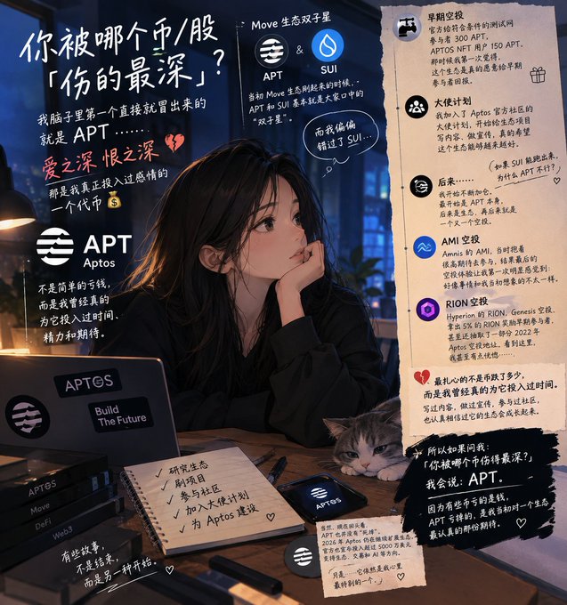 An anime-style infographic features a woman at a desk with a cat, promoting the APT (Aptos) cryptocurrency alongside a comparison chart with Move生态 and SUI, mentioning tokens like APT, SUI, AMI, and RION.