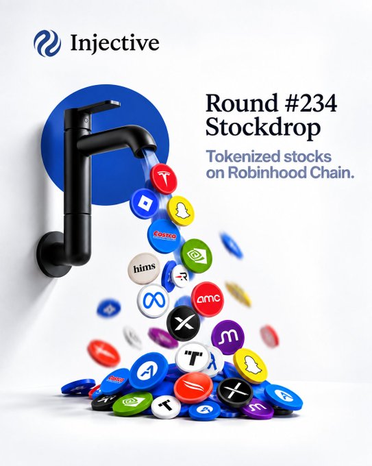 An Injective promotional image announces 'Round #234 Stockdrop' featuring 'Tokenized stocks on Robinhood Chain,' depicting various colorful social media and brand logo tokens flowing from a black faucet.