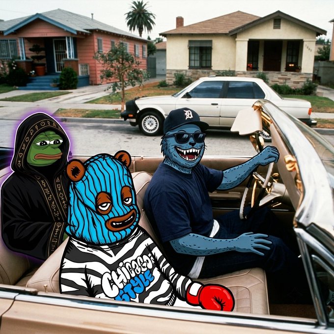 An illustrated, meme-style image depicts characters with Pepe the Frog and a blue bear-like face in a convertible car, with one wearing a shirt that reads 'Chicago STYLE'.