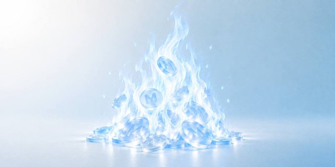 A pile of blue flames engulfs a stack of translucent coins bearing an "M" symbol, visually representing the burning of DEV tokens referenced in the accompanying post about a token burn transaction on Robinhood Chain.
