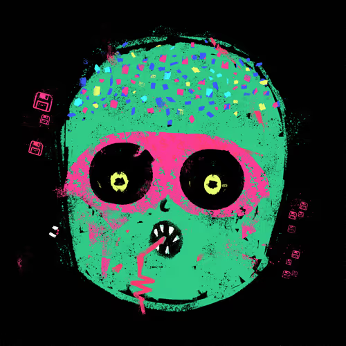 A stylized illustration of a teal face with pink mask-like markings around large black eyes and confetti on its head, drinking from a pink and white striped straw.
