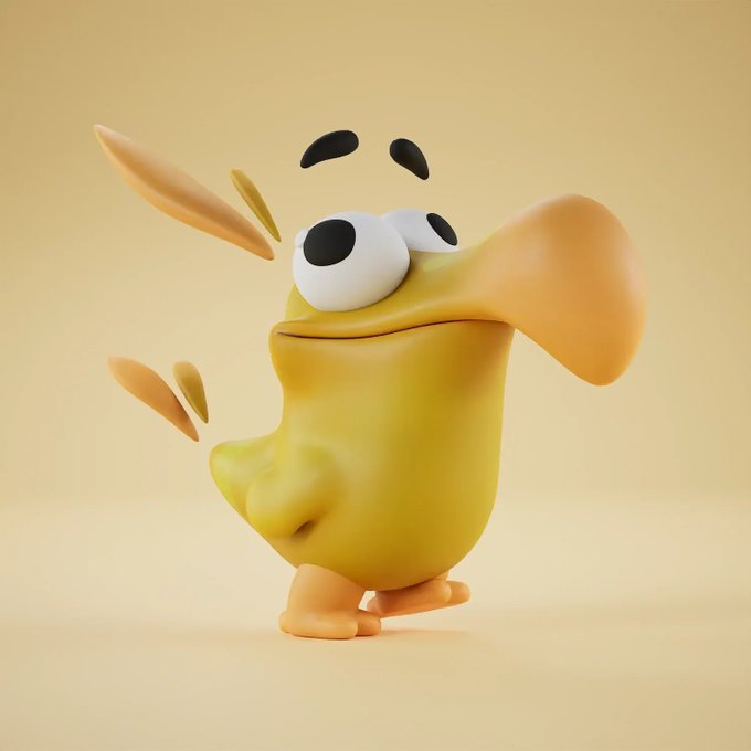 A 3D-rendered yellow cartoon dinosaur with big expressive eyes and an open beak stands against a soft beige background, appearing to shout or exclaim with small motion lines around it. The character's surprised, vocal pose visually represents the playful "sup" greeting directed at Claynosaurz in the accompanying post.