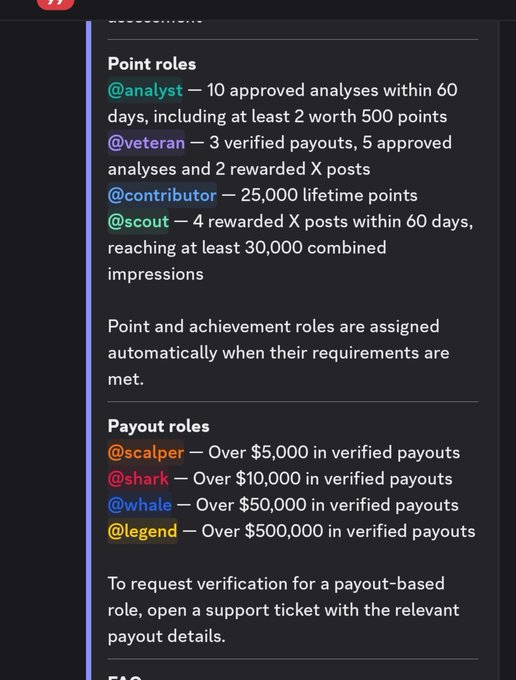 A screenshot explaining Discord point and payout roles including @analyst, @veteran, @contributor, @scout, @scalper, @shark, @whale, and @legend, with their respective requirements for achievements and verified payouts.
