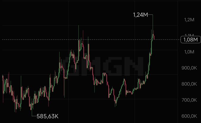 A cryptocurrency trading chart, likely for Bitcoin, displayed on a dark background with red and green candlesticks. It shows a low of "585,63K" and a recent high of "1,24M", with a current price marker at "1,08M".
