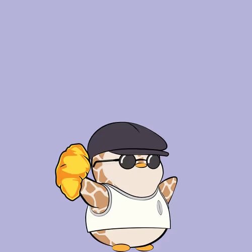 A cartoon bird character wearing sunglasses, a black hat, and a white tank top holds a yellow object against a light purple background.