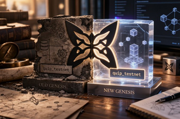 A 3D render comparing 'OLD GENESIS' (a broken stone block labeled 'quip_testnet') and 'NEW GENESIS' (a glowing glass block with blockchain graphics, also labeled 'quip_testnet'), featuring a butterfly emblem split between them.