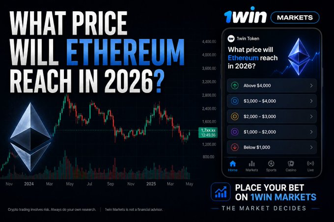 The image features a cryptocurrency chart with Bitcoin and Ether displayed, as well as a text overlay stating "What Price will Etherium Reach in 2026?" The chart shows fluctuations in price for both Bitcoin and Ether over time, indicating trends or possible opportunities for investment in either cryptocurrency.