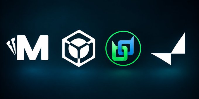 Four cryptocurrency logos are displayed in a row against a dark blue background, including a white 'M' logo, a white 3D cube logo, a green and blue interlocking 'G' logo, and a white angular logo.