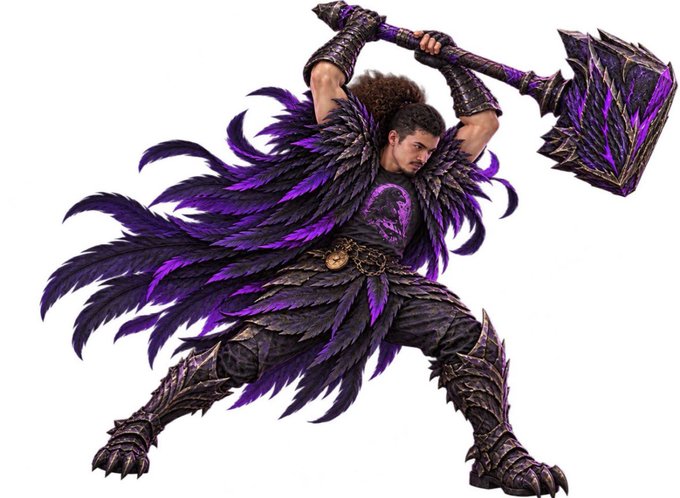 A 3D render of a fantasy warrior character wielding a large, jagged purple and black axe, wearing dark feathered armor and a purple cape.