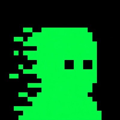 A pixel art green glitched/digital face with hollow square eyes on a black background.