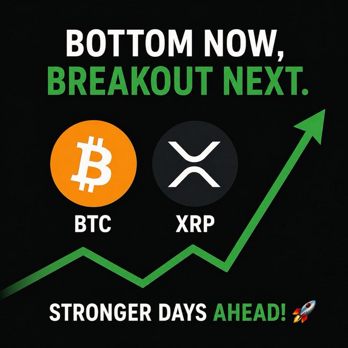 A graphic on a black background displays 'BOTTOM NOW, BREAKOUT NEXT.' and 'STRONGER DAYS AHEAD! 🚀' alongside Bitcoin (BTC) and XRP logos, with a green upward-pointing zigzag arrow.