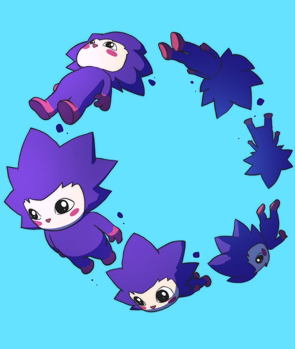 The image features a series of cartoon characters, including a purple cat character, depicted in various stages of motion within a circular frame against a blue background. The characters are shown in different positions, such as sitting or standing up, with their legs crossed or not. This arrangement creates an engaging visual effect that captures the viewer's attention and encourages them to explore further into the post.