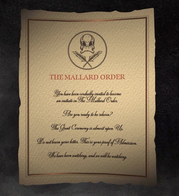 An aged parchment-style invitation to "The Mallard Order" featuring a skull and crossed feathers emblem above text inviting the recipient to become an initiate, asking "Are you ready to be reborn?" and warning "Do not burn your letter. This is your proof of Admission."

The image relates to the post as a ceremonial NFT membership invitation from the Mallard Order project, reinforcing the community's exclusivity and the founders' ongoing commitment to engaging holders even after four years.