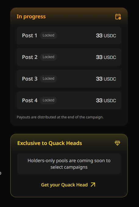 The image shows a screenshot from an app or website, likely a social media platform or messaging app, displaying information about some of their campaign features. The main focus of this screenshot is that the user has been selected for one of @wallchain's campaigns. The post in question details three posts that can be completed, with two being locked and one scheduled to go live at 3:00 PM. 

This message also provides exclusive access to a special campaign where Quack Heads will be featured first. Additionally, it suggests that users should expect payouts for their chosen campaigns once they are complete. This information is presented in yellow and black colors on the page, allowing users to quickly understand what each section of the app or website offers.