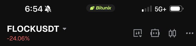 A screenshot of a mobile trading app displays the ticker "FLOCKUSDT" with a red price change of -24.06%, alongside the Bitunix logo and a time of 6:54.