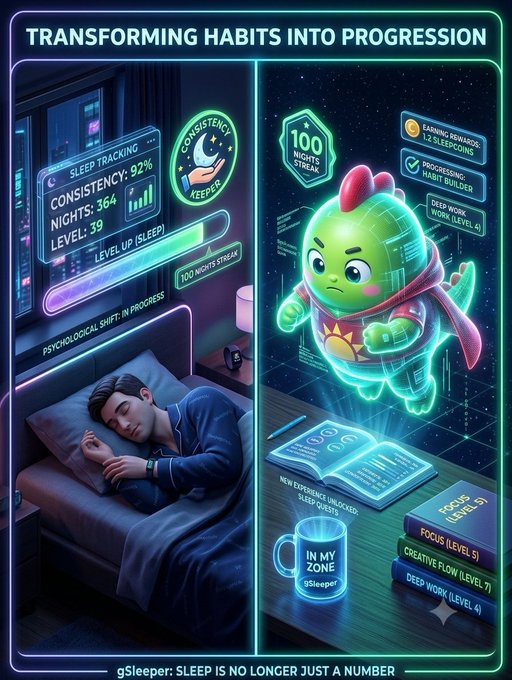 An illustrated poster titled 'TRANSFORMING HABITS INTO PROGRESSION' showing a person sleeping on the left with a 'SLEEP TRACKING' interface showing 92% consistency and 39 nights, and a green cartoon figure with a red crest on the right displaying stats like '100 NIGHTS STREAK' and 'LEVEL 4' for sleep, deep work, focus, and creative flow.