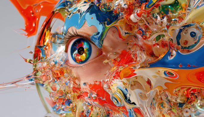 A surreal, vibrant digital artwork features a human eye and face partially submerged and distorted within colorful, swirling liquid splashes.