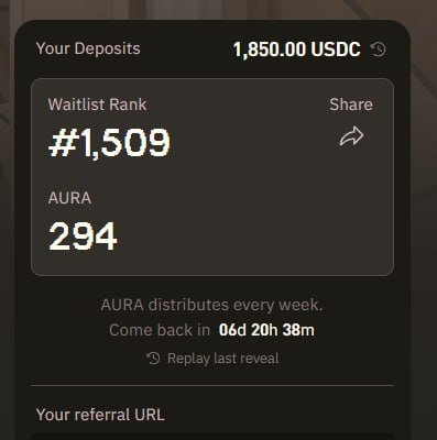 A screenshot of a Bulk Trade deposit dashboard showing 1,850.00 USDC deposited with a Waitlist Rank of #1,509 and 294 AURA accumulated, prompting users to share their own Aura holdings before the weekly distribution in 6 days, 20 hours, and 38 minutes.