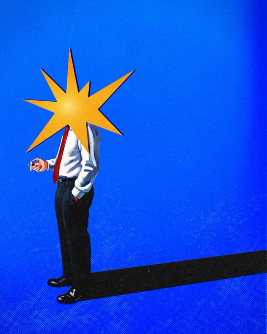 A surreal digital artwork depicting a businessman in a white shirt, red tie, and black trousers, holding a can, but with a large yellow multi-pointed star in place of his head, standing against a vibrant blue background and casting a long shadow.