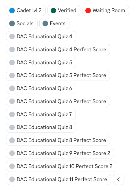 The image shows a list of Discord roles/badges, including various "DAC Educational Quiz" achievements, along with category tags like "Cadet lvl 2," "Verified," "Waiting Room," "Socials," and "Events." This relates to the post by displaying the Discord roles participants can earn by completing the DAC Quantum Chain educational quiz, which grants new role progression.