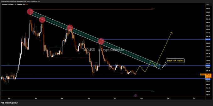 The image shows a TAOUSD (Bittensor) daily candlestick chart from CryptoBlock.io (July–September 2024) featuring a descending resistance channel with red circles marking prior rejections at the upper trendline, alongside an annotation highlighting a "Break OR Reject" zone near $232 with horizontal support levels at roughly $204 and $168, illustrating the tight risk/reward setup referenced in the post.