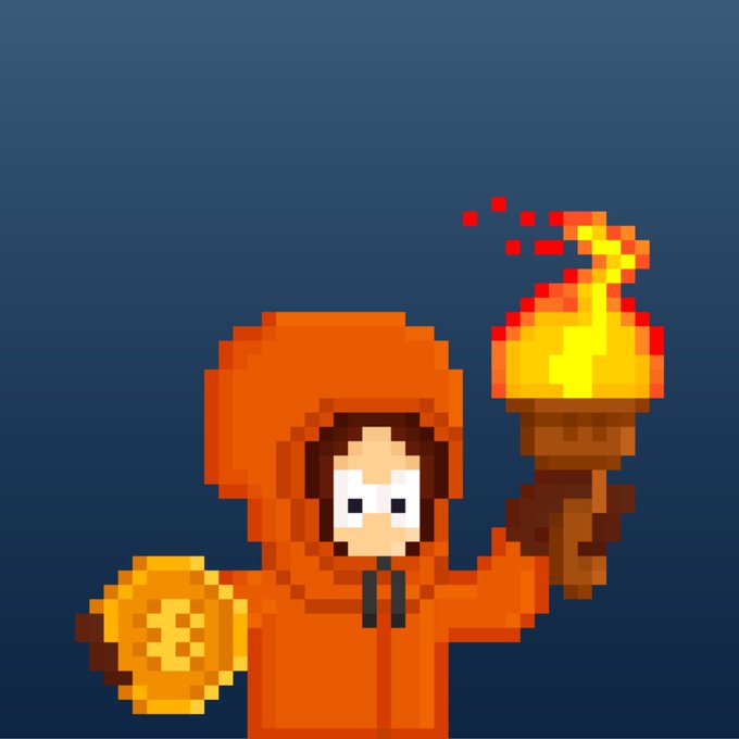 A pixel art character in an orange hoodie holding a Bitcoin coin in one hand and a flaming torch in the other, set against a dark blue background.