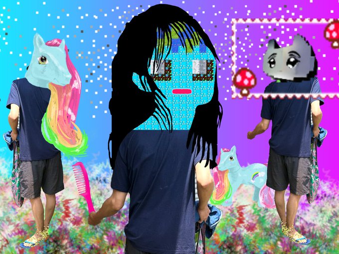 A surreal digital collage featuring figures with pixelated character heads (including a blue pony and a face with a TV-screen head) set against a bright, gradient background with confetti and floral patterns.