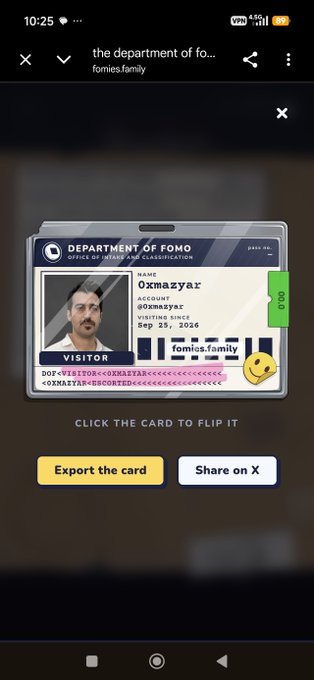 A mobile screenshot showing a digital 'Department of FOMO' ID card for 'fomios.family', featuring a profile picture, account details, and a Bitcoin address, with buttons to 'Export the card' and 'Share on X'.
