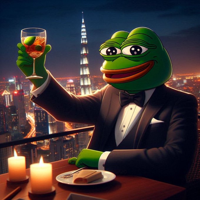 Pepe the Frog, dressed in a tuxedo, toasts with a glass of wine at a candlelit dinner overlooking a glittering city skyline, exuding a mood of confident celebration. The luxurious setting and his satisfied grin visually reinforce the post's bullish sentiment about adding more $PEPE, suggesting an imminent price surge.