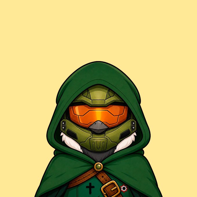 A digital illustration of the Doom Slayer character in green armor with an orange visor, wearing a green hooded cloak against a pale yellow background.