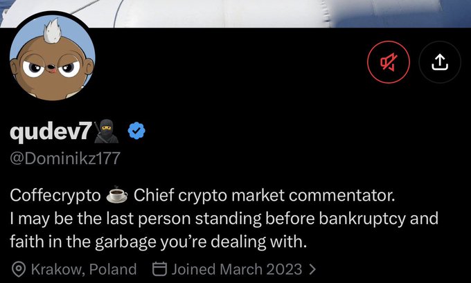 A Twitter/X profile for "qudev7" (@Dominikz177), self-described as "Chief crypto market commentator" with a coffee meme bio, located in Krakow, Poland. The post appears to be a thread defending himself regarding a $500k group investment in "AOB Bigcoin Mining" and the purchase of black mining wells at a premium.