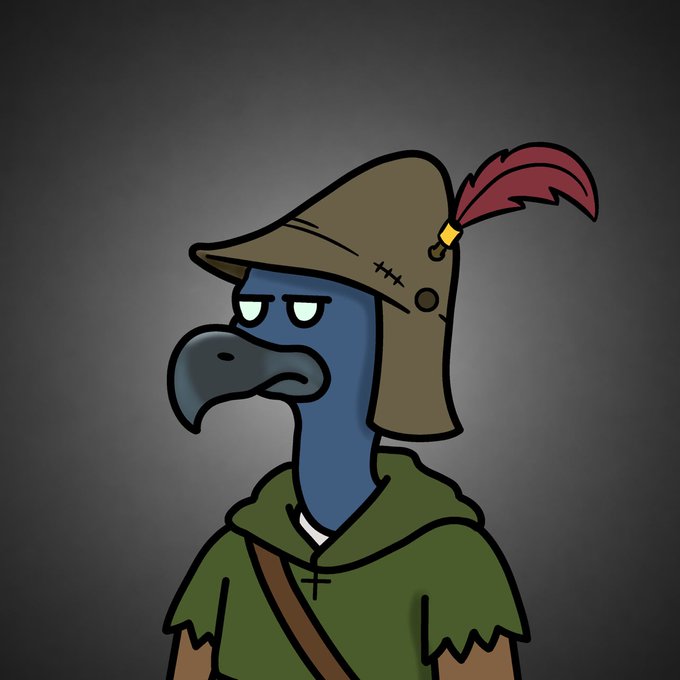 A cartoon dodo bird character wearing a medieval-style feathered cap, green hooded cloak, and a cross necklace is shown against a dark gray background, representing the mascot for the Nutsy NFT collection featured in the Robinhood giveaway post.